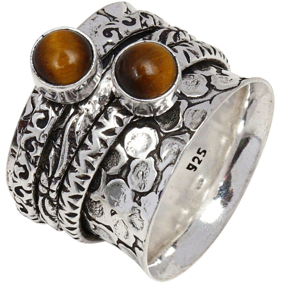 Handmade Tiger Eye Gem 925 Double Gemstone Spinner Ring